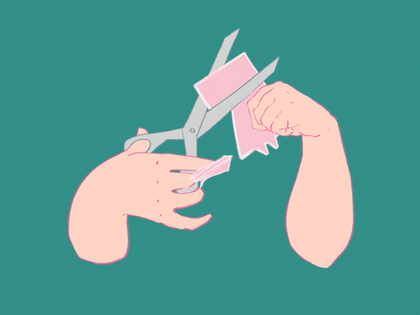 Animated illustration of two hands cutting a piece of paper with scissors, symbolising the creative process of handmade card making.