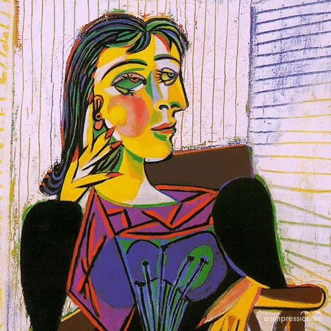 “Colourful cubist painting by Picasso featuring bold shapes and abstract forms.”