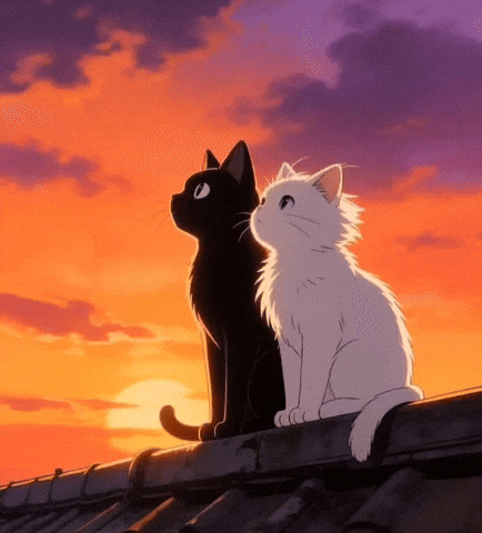 “Two cartoon cats, one black and one white, sitting on a rooftop at sunset, looking around under an orange and purple sky.”