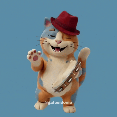 Animated cat with orange, white, and blue fur wearing a red hat and joyfully shaking a tambourine against a blue background.