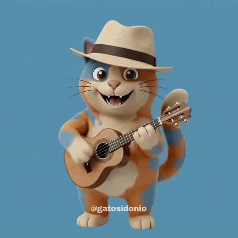 Cute cartoon cat strumming a guitar in a joyful, musical pose.