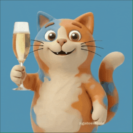 “Animated cat holding a champagne glass and stepping forward in a joyful anniversary celebration.”