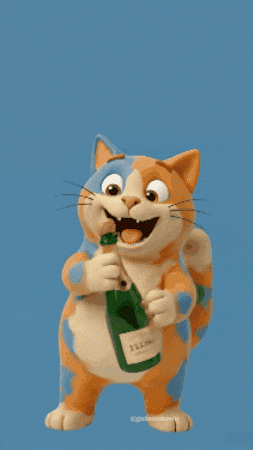 “Animated cat popping a champagne bottle with bubbly spray to celebrate a couple’s anniversary.”