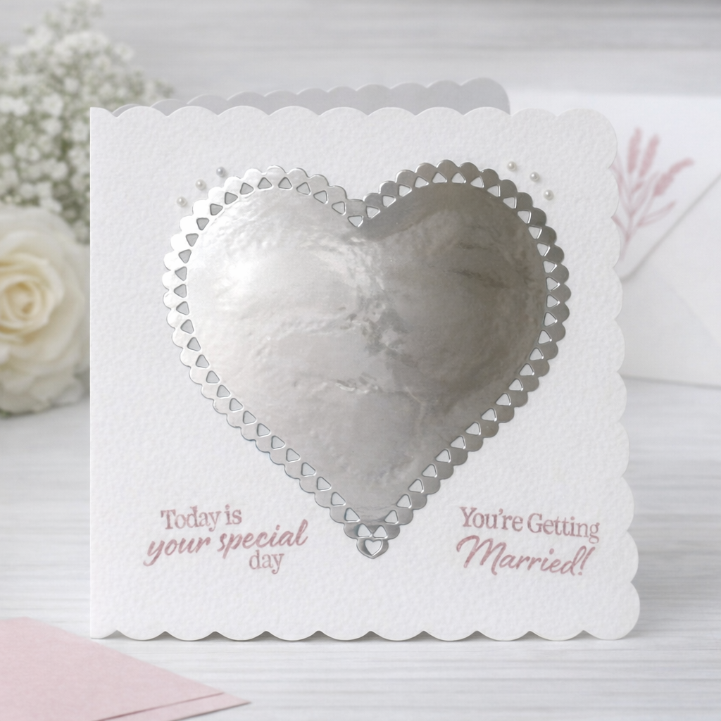 5 × 5 Scalloped Wedding Card – Silver Heart  | Handmade by Artful Cards
