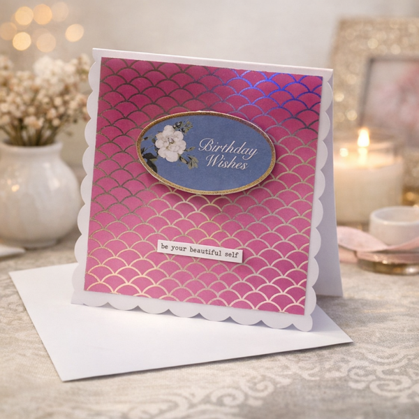 Pink Scalloped Birthday Card – “Birthday Wishes”