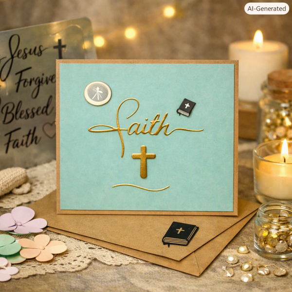 “Faith” Handmade Greeting Card – Teal & Gold with Kraft Envelope