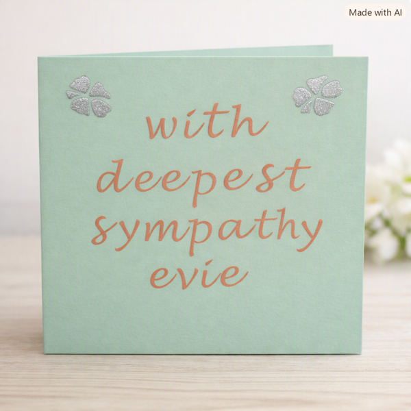 Personalised Sympathy Card – “With Deepest Sympathy Evie” (Pastel Green, Peach & Silver)