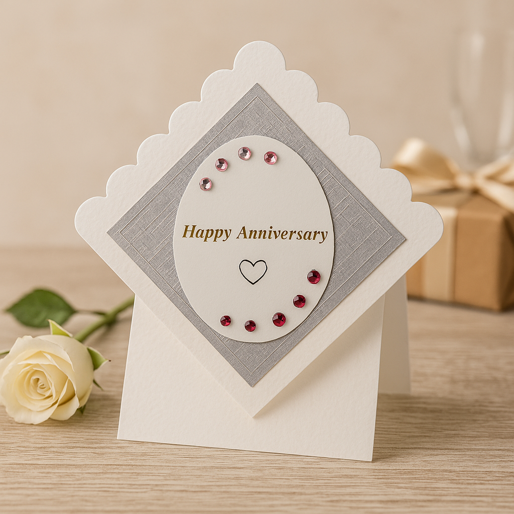Scalloped Anniversary Card with Gems & Gold Sentiment