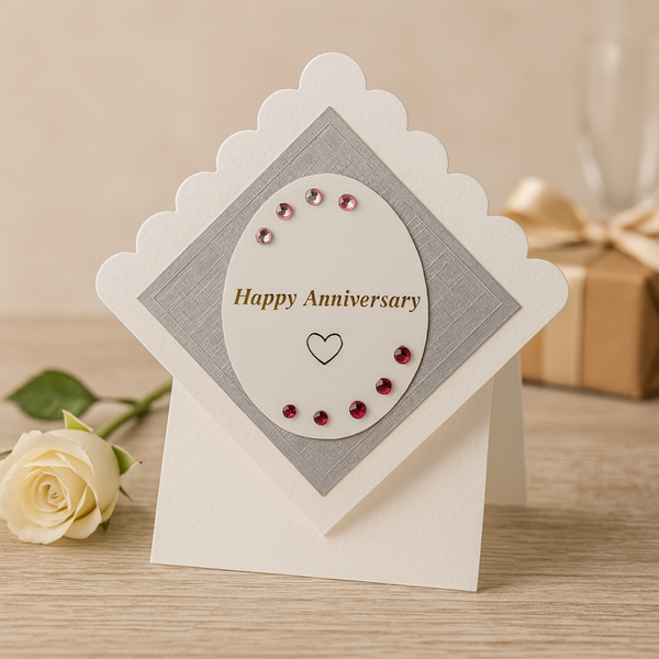 Scalloped Anniversary Card with Gems & Gold Sentiment