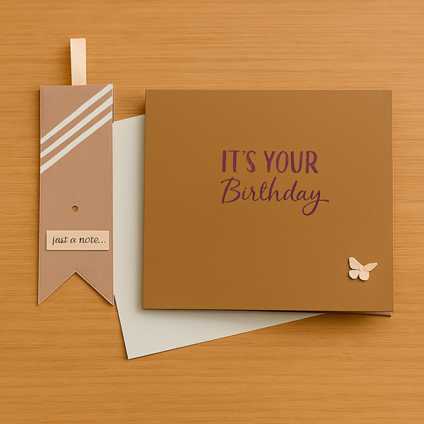 Handmade 4×4 Birthday Card with Free Matching Bookmark – Warm Brown Florence Cardstock, Butterfly Detail, “It’s Your Birthday” Stamp