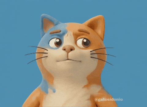  “Animated cat with orange, white, and blue fur scratching its head playfully.”