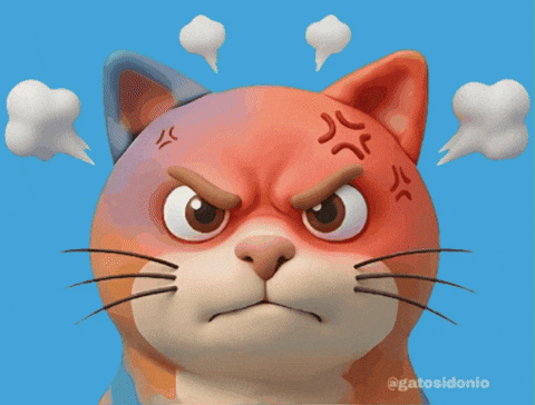 Animated cat with orange and blue fur frowning angrily, steam puffs rising around its head, symbolising alertness and protection against misuse.
