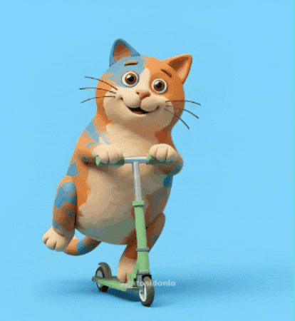 Cheerful cartoon cat zooming along on a scooter with playful energy.