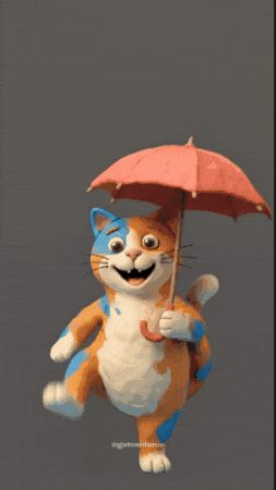 Cute cartoon cat balancing under a colourful umbrella with a cheerful expression.