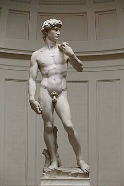 “Michelangelo’s David sculpture, a marble Renaissance masterpiece showing the biblical hero standing in a confident pose.”
