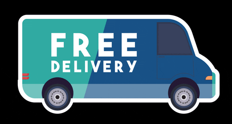 “Animated delivery van driving forward with moving wheels and wind effect, showing free delivery.”