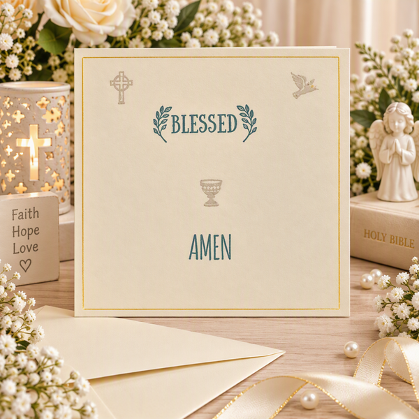 Handmade Blessed Amen Religious Card - Cream 5x5 Greeting Card