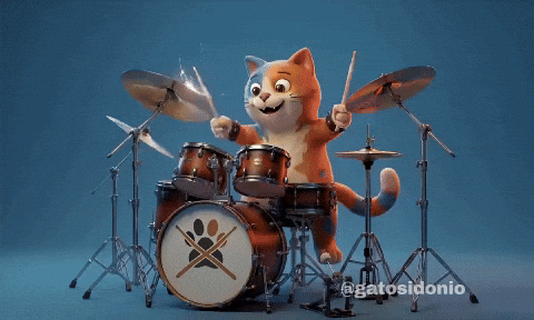 “Cheerful drumming cat with bright fireworks, creating a playful mid‑page moment on the handmade card shop.”