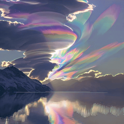 Soft pastel clouds drifting across a calm sky, glowing with light and colour.