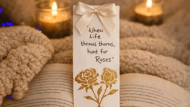 Alt text: “Elegant handmade rose bookmark displayed on an open book surrounded by soft beige blankets and glowing candles. The bookmark features a cream bow, gold rose illustrations, and the quote ‘When life throws thorns, hunt for Roses,’ creating a warm