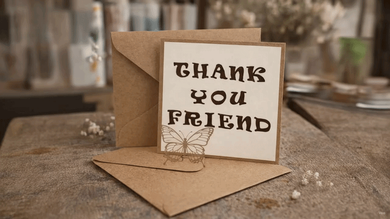 Handmade thank you card with soft detailing and warm tones, displayed in a clean boutique setting.