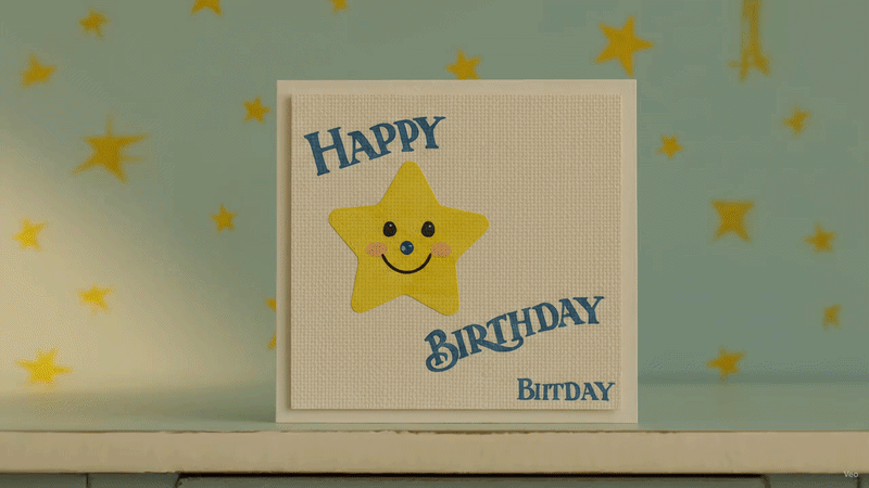 Handmade kids birthday card with a smiling yellow star and blue “Happy Birthday” text, displayed against a starry background.