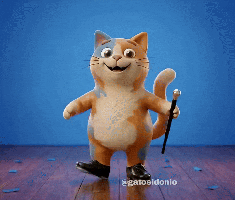 Animated cat with orange, white, and grey fur dancing joyfully in black boots while twirling a small black cane on a confetti‑covered wooden floor.