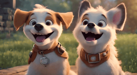 “Animated GIF of two happy dogs smiling and wagging excitedly.”