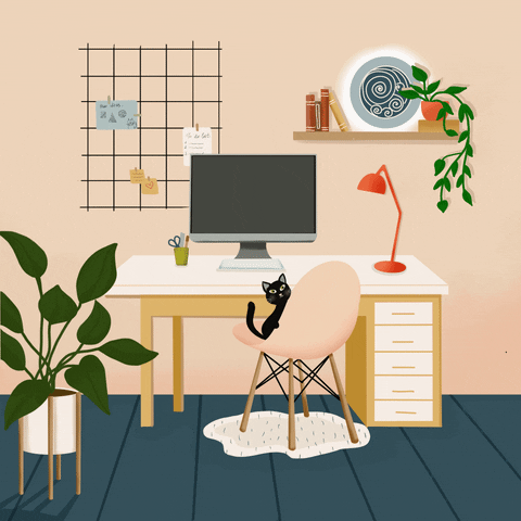 “Animated illustration of a cosy creative workspace with a computer on a white desk, pastel walls, plants, and a black cat sitting on a pink chair gently wiggling its tail.”