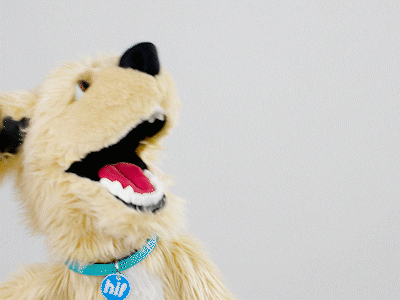 Puppet dog waving happily with a big smile, creating a fun and friendly welcome for children.