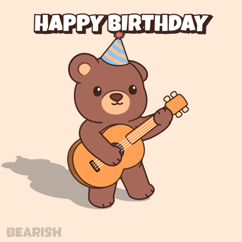 gif image of a cute bear struming his guitar to a kids birthday