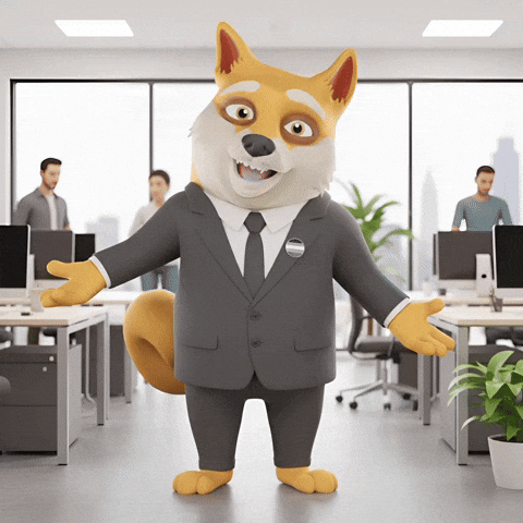 “Animated fox in a business suit smiling and welcoming visitors in an office setting.”