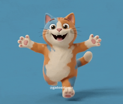 “Animated cat running forward with open arms and a big smile, welcoming kids to the card section.”