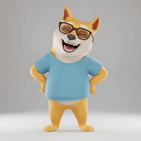 “Animated Shiba Inu wearing glasses and a blue shirt, smiling and turning to face the viewer.”