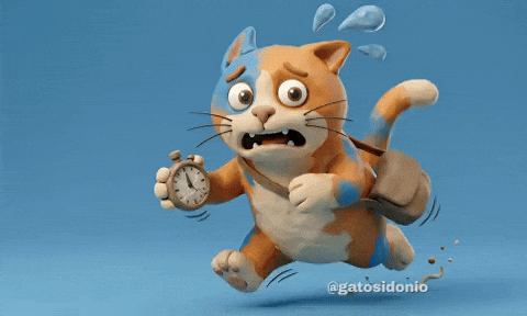 “Animated cat running with a stopwatch and panicked expression, rushing forward playfully.”