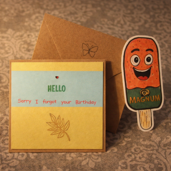 “Hello — Sorry I Forgot Your Birthday” Handmade Card with Ice‑Cream Bookmark