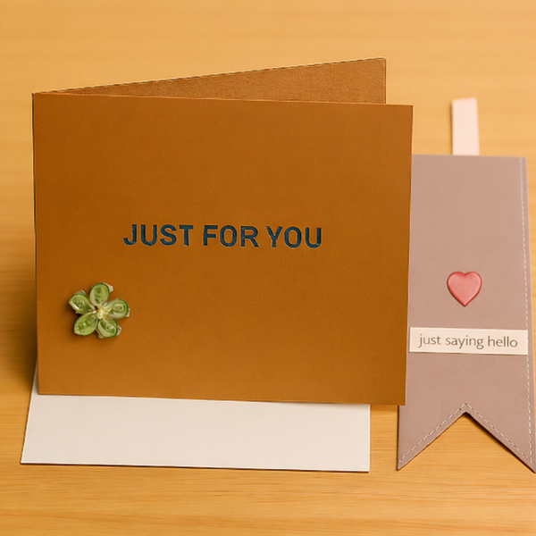 Handmade 4×4 “Just for you” Card with Free Matching Bookmark – Brown Florence Cardstock, Green Ink, Gem Flower Detail, Maker’s Mark