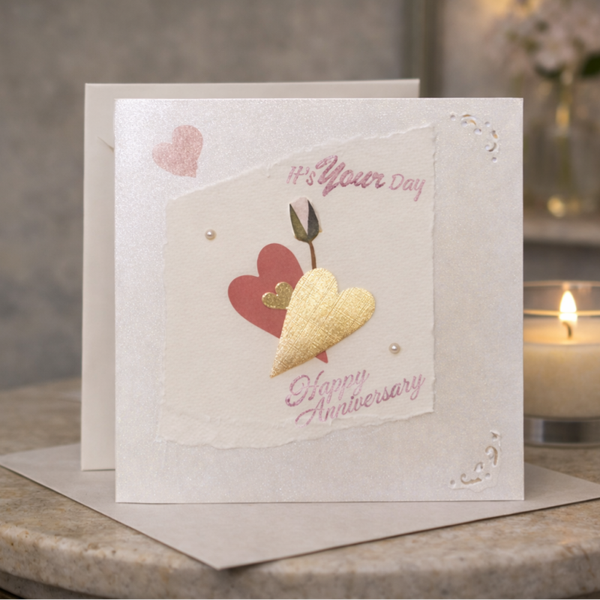 Handmade 5×5 Anniversary Card – Layered Hearts & Metallic Script