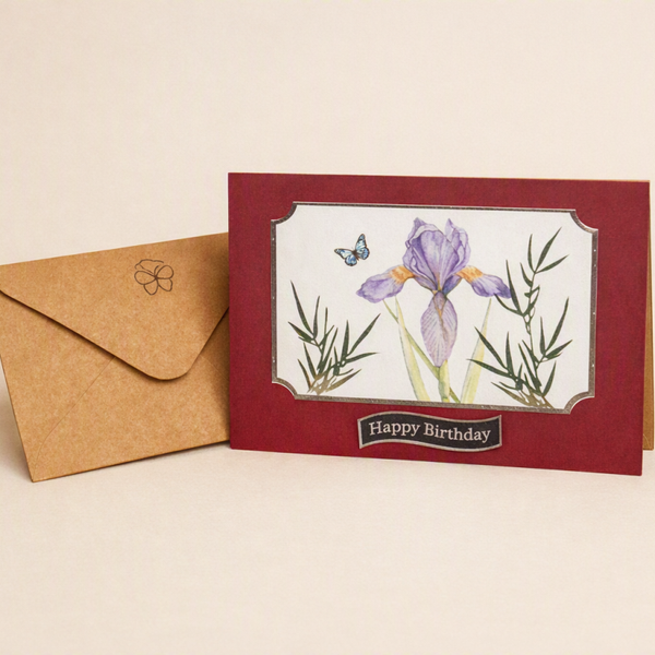 Handmade Iris & Butterfly Birthday Card – 7 × 5 Landscape