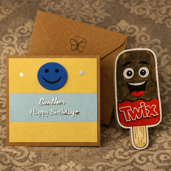 Brother Happy Birthday — Handmade Card with Twix Ice‑Cream Bookmark