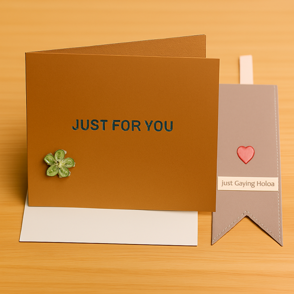 Handmade 4×4 “Just a Note” Card with Free Matching Bookmark – Brown Florence Cardstock, Green Ink, Gem Flower Detail, Maker’s Mark