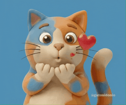 “Animated cat blowing kisses with floating hearts, adding playful romance to handmade Valentine’s card page.”