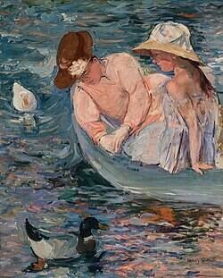 "Mary Cassatt painting of a mother and child sitting together in a small boat, surrounded by gentle water and ducks, painted in soft Impressionist colours."