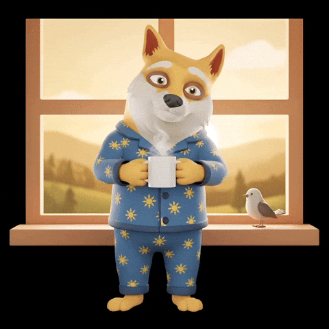 “Animated fox in starry blue pyjamas holding a coffee mug by a window at sunrise.”