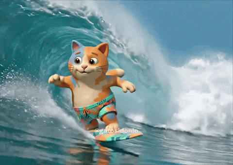 Animated orange cat wearing tropical swim trunks surfing a large ocean wave under a clear sky.