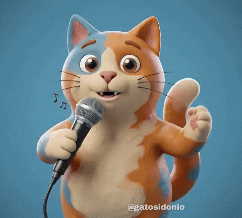 Animated orange cat singing into a microphone with excited expressions.