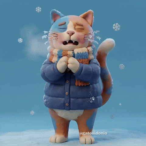 “Cute winter cat in a puffy jacket with falling snow, adding a cosy festive touch to the Christmas page.”