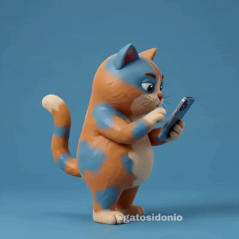 “Animated cat with orange and blue fur typing quickly on a smartphone.”