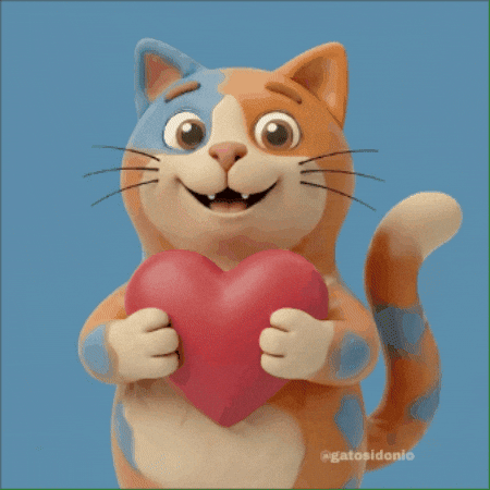 “Animated cat walking forward holding a red heart to its chest, adding tender Valentine’s charm to handmade card page.