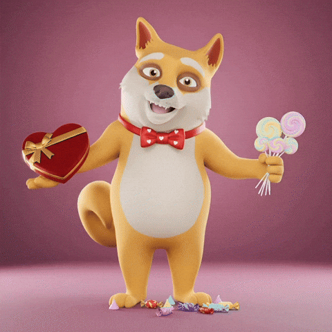 “Animated fox offering a heart‑shaped chocolate box and candy lollipops.”